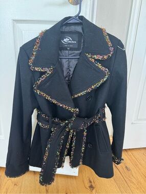 JS Collections Black Trench Coat with Multicolor Fringe Trim